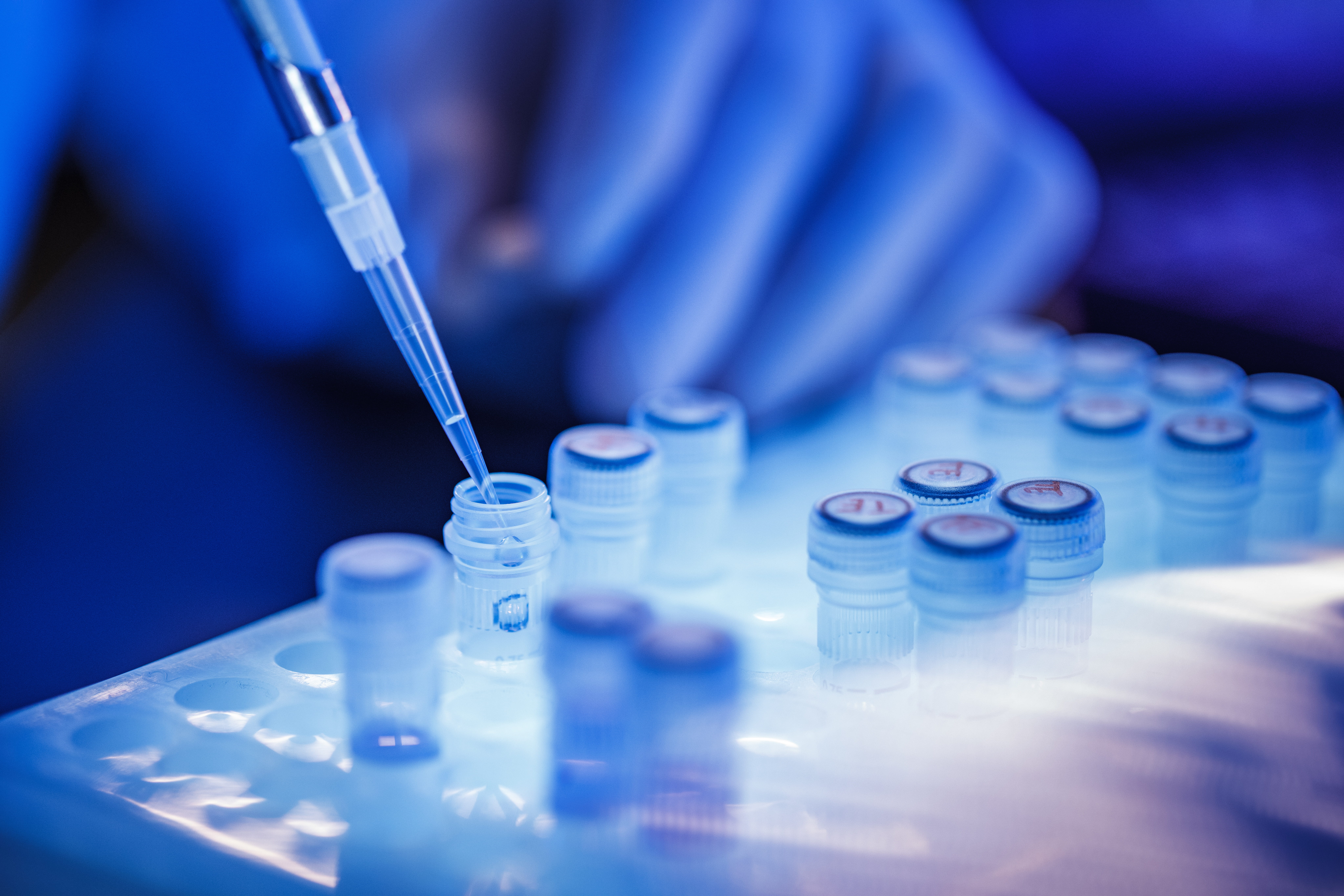 A lab technician mixing solution with pipette in test tube.